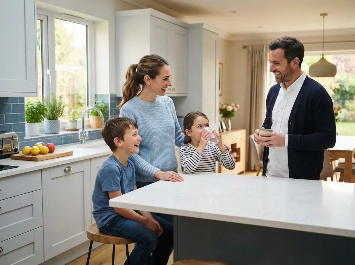 Family enjoying clean water in their kitchen
