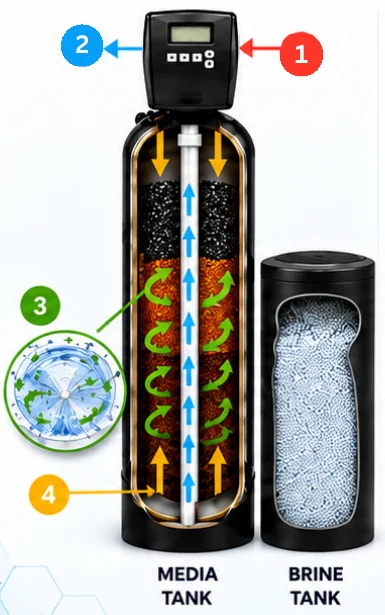 Cutaway of the refiner media tank and brine tank, numbered to match the four steps