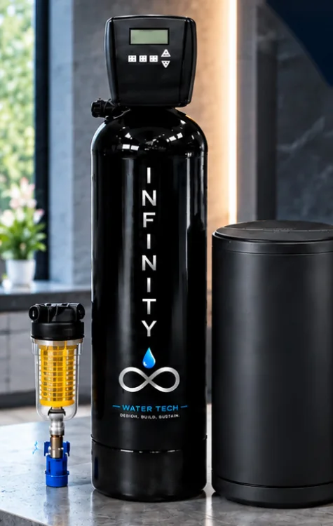 Infinity Water Tech whole-home refiner tank beside its brine tank