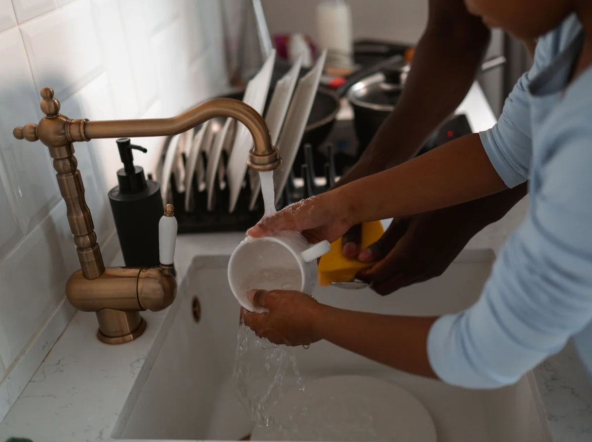 Hands rinsing a white mug under a brass kitchen faucet