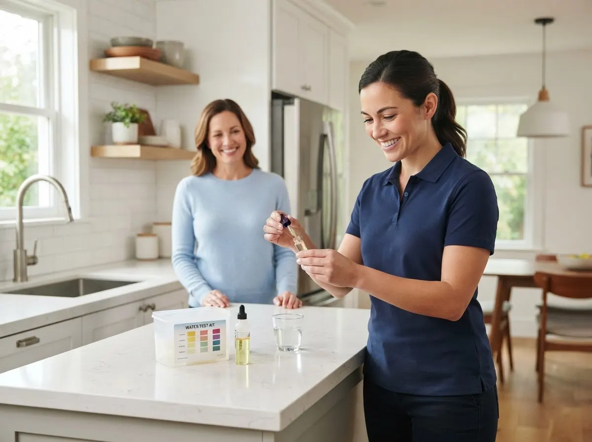 Safe Dwelling technician testing tap water in a customer's kitchen